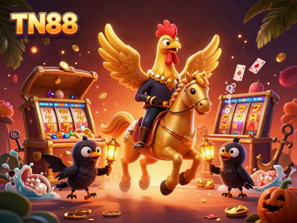 Experience TN88 with a vibrant casino scene featuring a golden rooster and spirited characters amidst thrilling games.