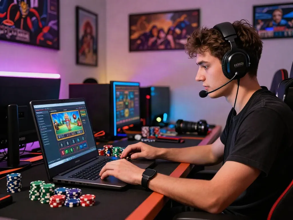 Best non gamstop casinos uk player engaged in live casino game online with poker chips.