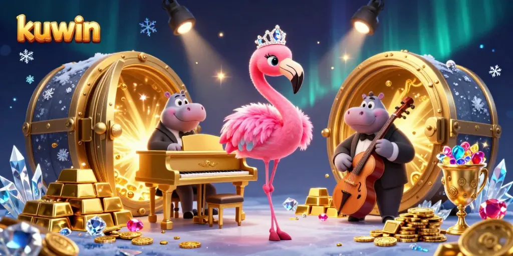 Kuwin's vibrant casino scene features a singing flamingo and hippo bassist amidst abundant treasures.