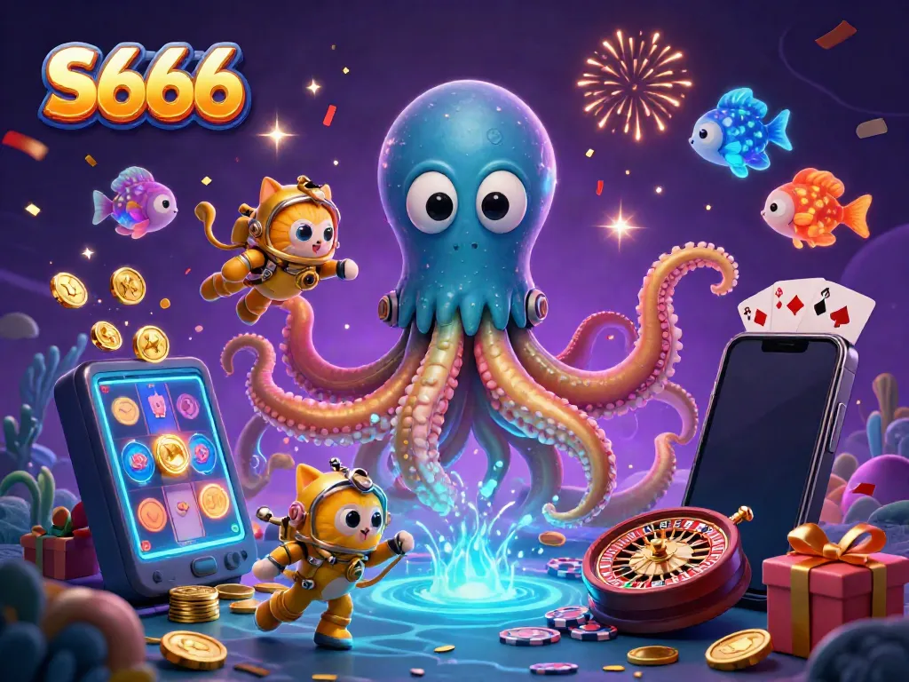 Experience the thrill of S666 with a vibrant casino adventure scene featuring a kraken and a diving cat.