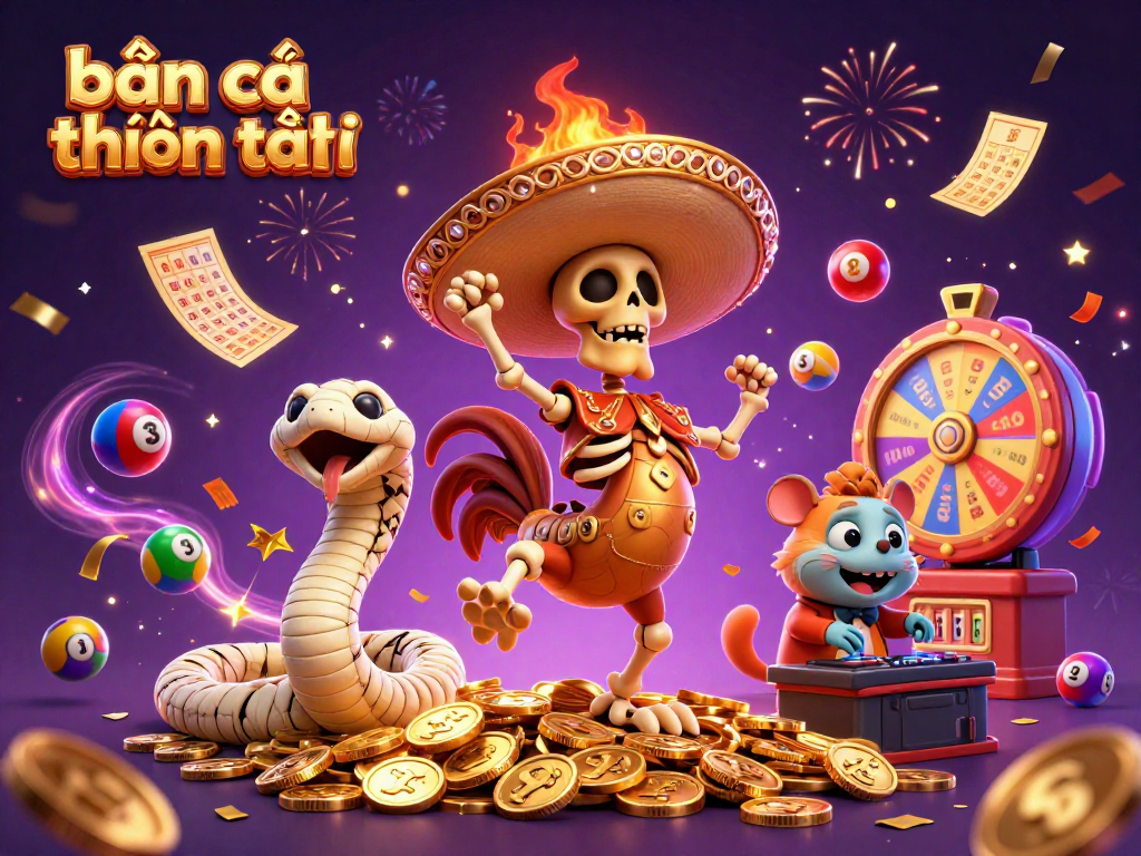 Bắn cá thần tài game scene where a cartoon skeleton rooster celebrates on coins, surrounded by vibrant lottery elements.