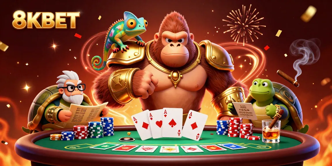 Engage in thrilling gameplay at 8KBET with a gorilla king, chameleon, and tortoise in a vibrant casino scene.