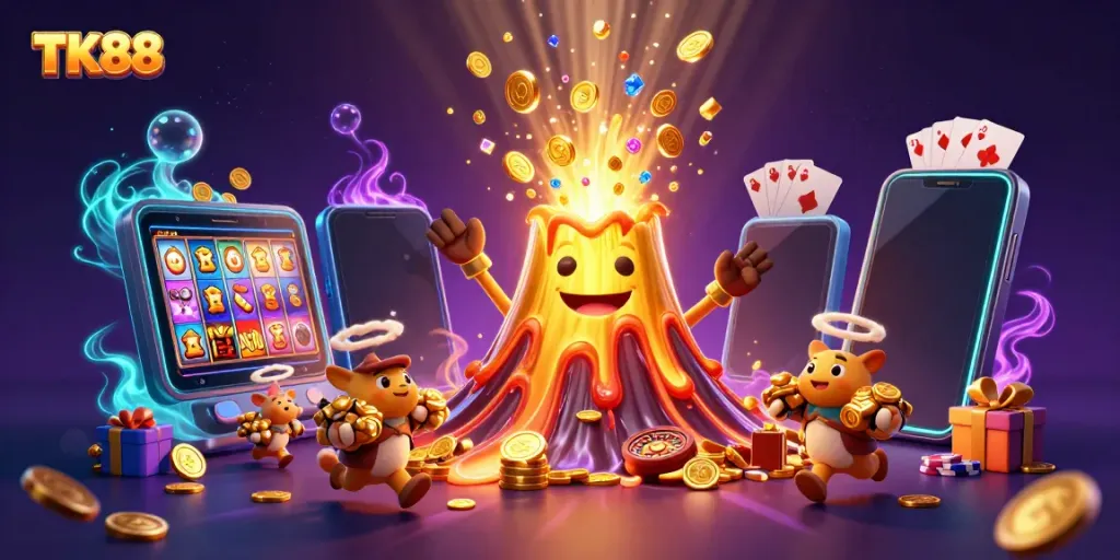Experience the thrill of TK88 with a vibrant casino-themed eruption of treasures and gaming elements.