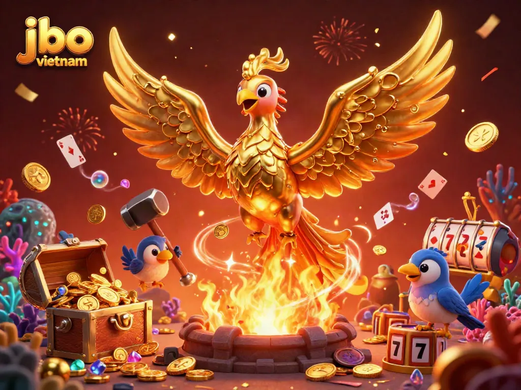 Engage with thrilling jbo vietnam casino action featuring a golden phoenix, coins, and vibrant gaming elements.