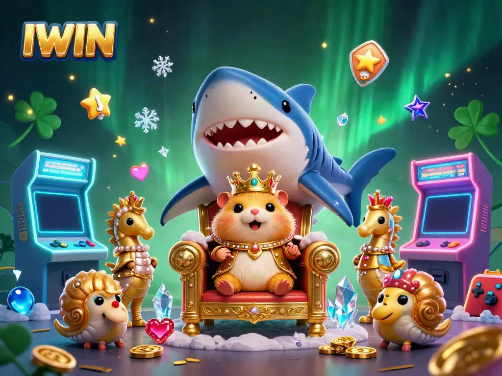 Experience thrilling action with IWIN's colorful casino-themed scene featuring arcade games, vibrant characters, and winning symbols.