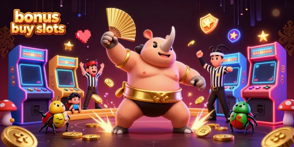 Experience excitement with bonus buy slots featuring a cartoon beetle champion surrounded by casino elements.