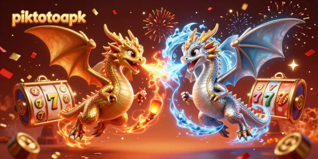 Experience the thrill of piktotoapk with dynamic casino elements and dragons symbolizing luck.