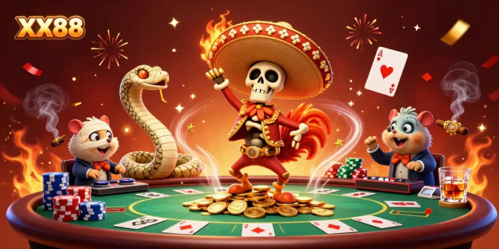 Experience the excitement of XX88 with a vibrant casino scene featuring a dancing rooster and gaming elements.