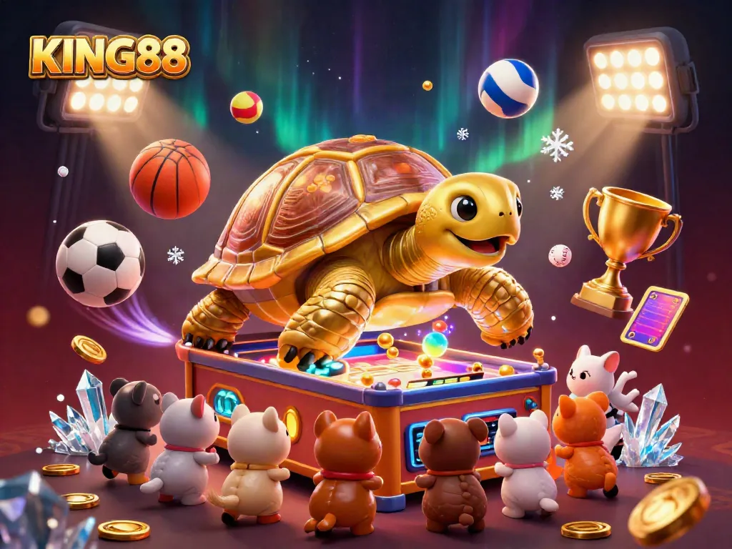 Play exciting games at KING88 Casino, featuring a lively scene with golden tortoise and flying sports balls.
