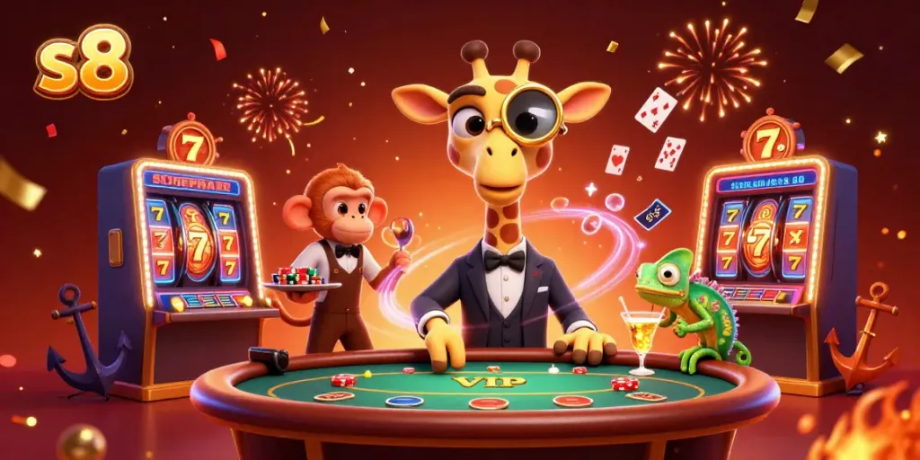 Experience thrill with S8 in this vibrant casino scene featuring high-roller giraffe and dynamic game elements.