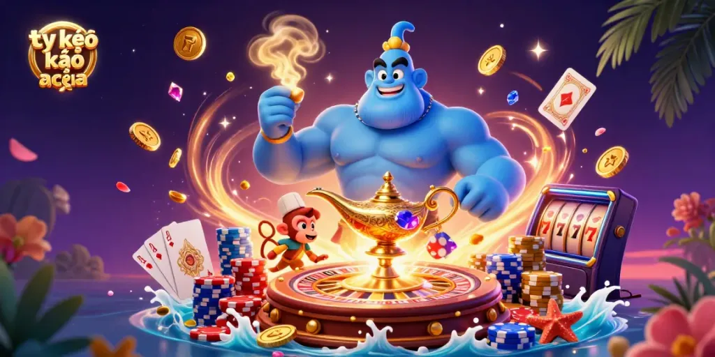 Experience thrilling bets with tỷ lệ kèo nhà cái featuring a charismatic genie, sparkling gems, and flying poker chips.