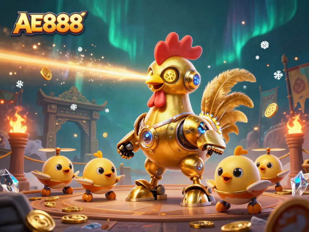 Engage with AE888's vibrant online gaming scene featuring a golden rooster robot and excited chick drones.
