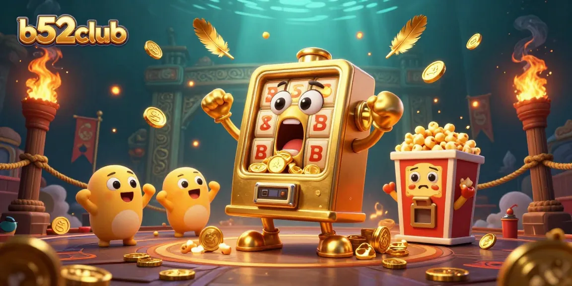 B52club's thrilling golden slot machine hits the jackpot with coins flying in a vibrant 3D casino scene.