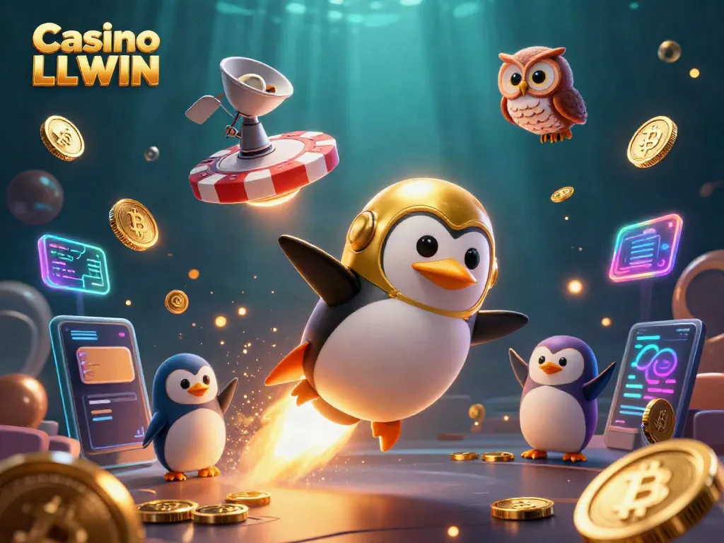 Experience exhilarating fun at Casino LLWIN with a golden penguin flying to a poker chip station amidst crypto coins.