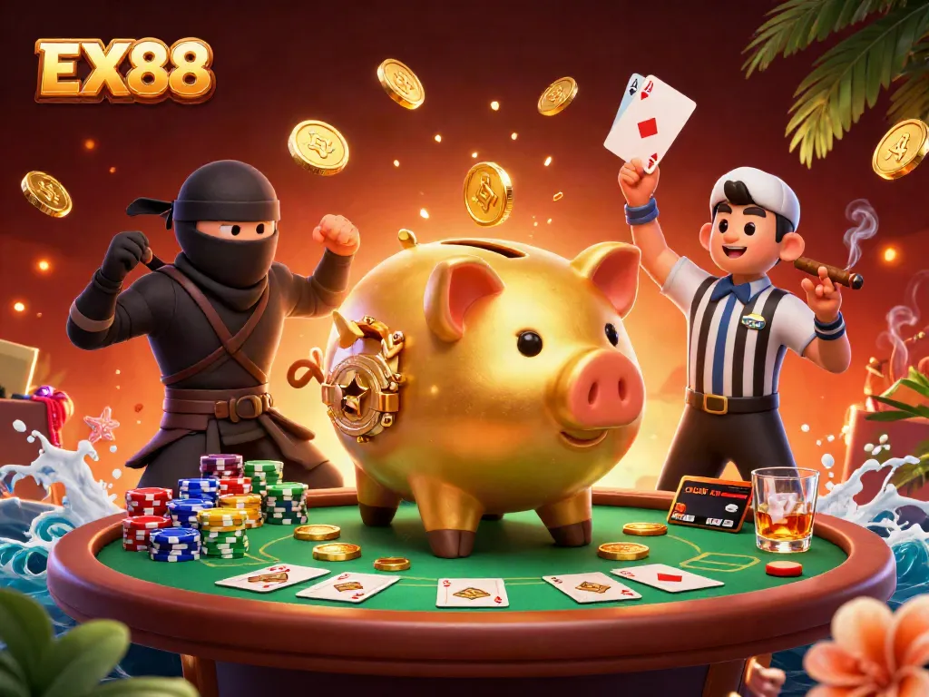 Engage with EX88’s thrilling casino action featuring a piggy bank sumo wrestler and vibrant poker elements.