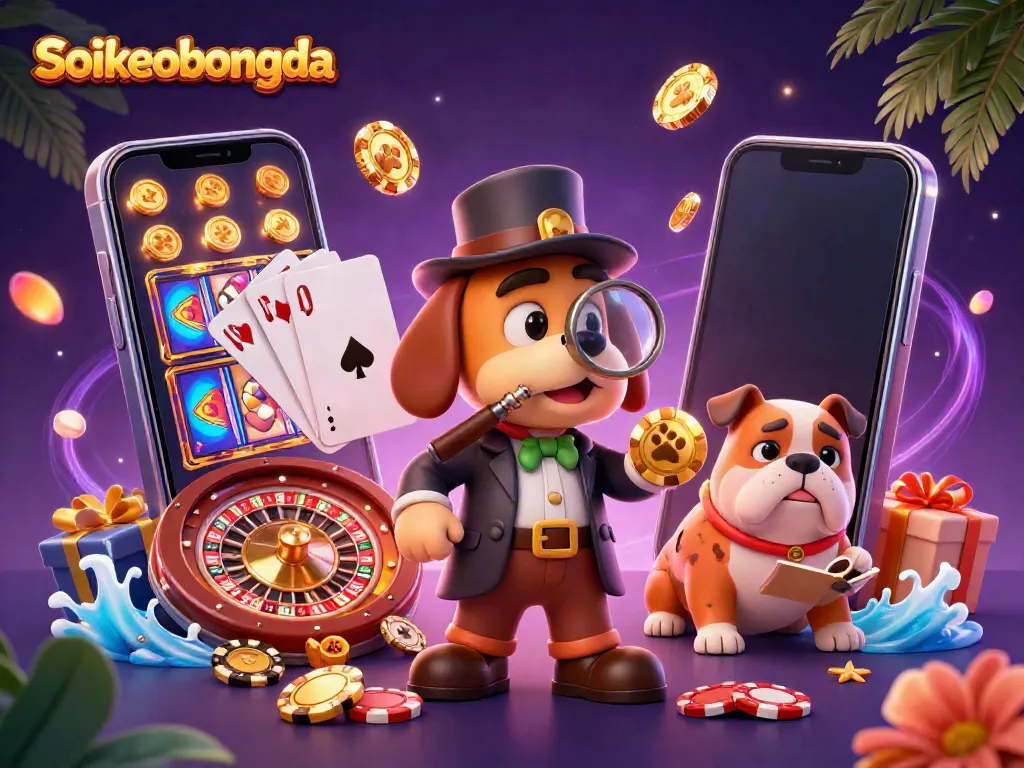 Engage in thrilling casino action with Soikeobongda, featuring detectives and poker chips in a vibrant 3D scene.