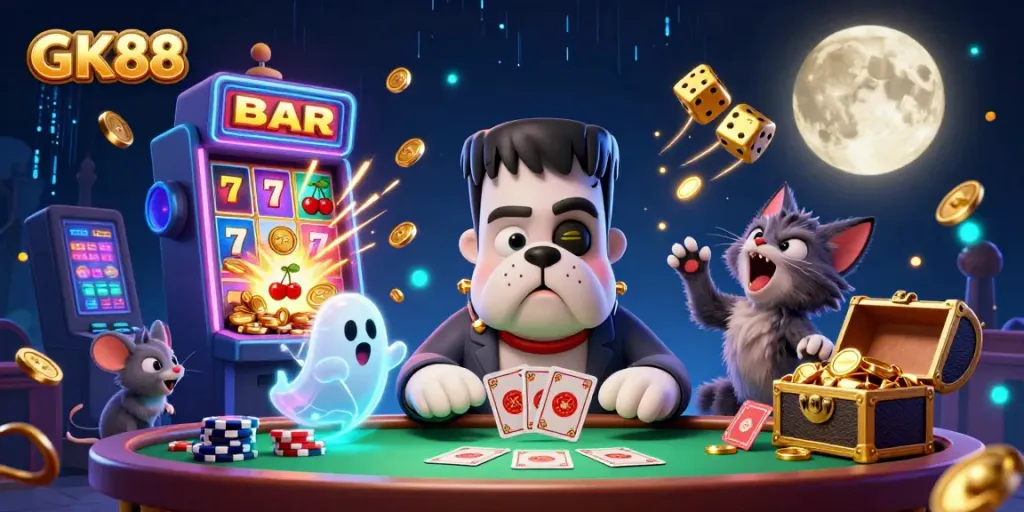 Engaging GK88 casino scene with cartoon characters and vibrant gaming elements.