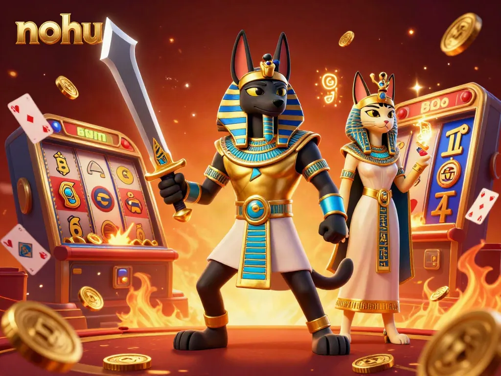 Nohu's thrilling jackpot adventure showcases an Egyptian warrior and sacred cat in a vibrant casino atmosphere.