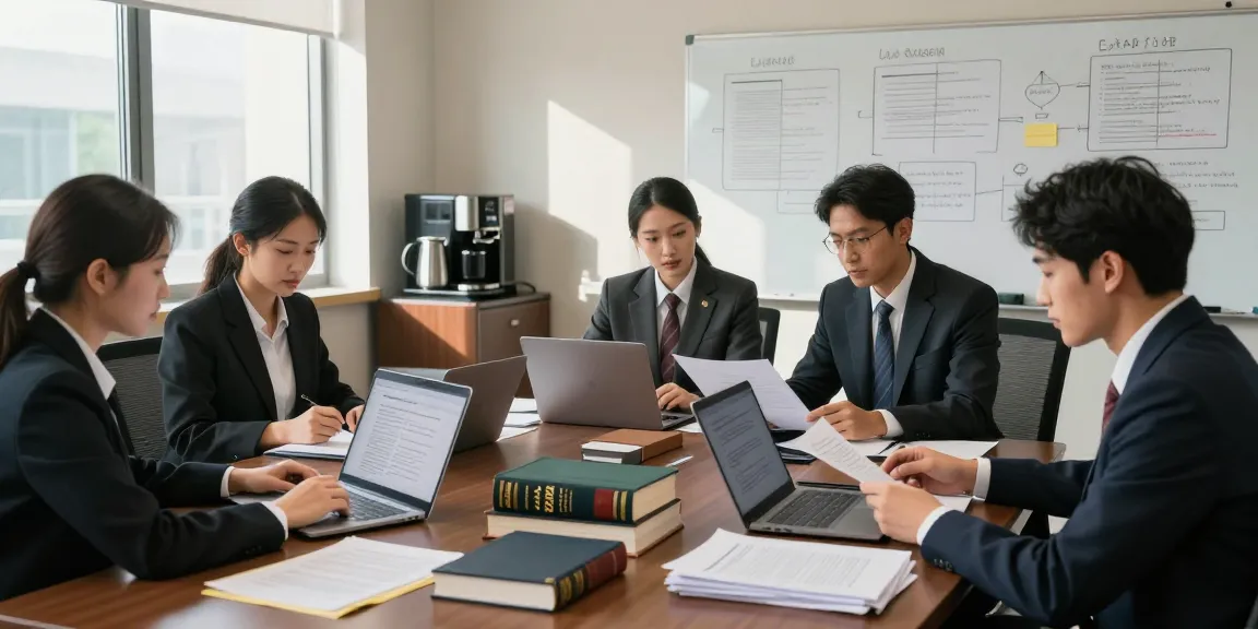 Lawyers reviewing documents related to statute 123b in a collaborative modern office space.
