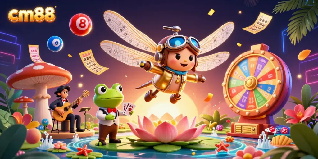 Experience the vibrant cm88 casino scene with a dragonfly pilot and frog croupier in action