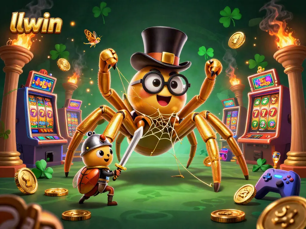 llwin casino experience illustrated with a golden tarantula weaving golden threads and colorful slot machines