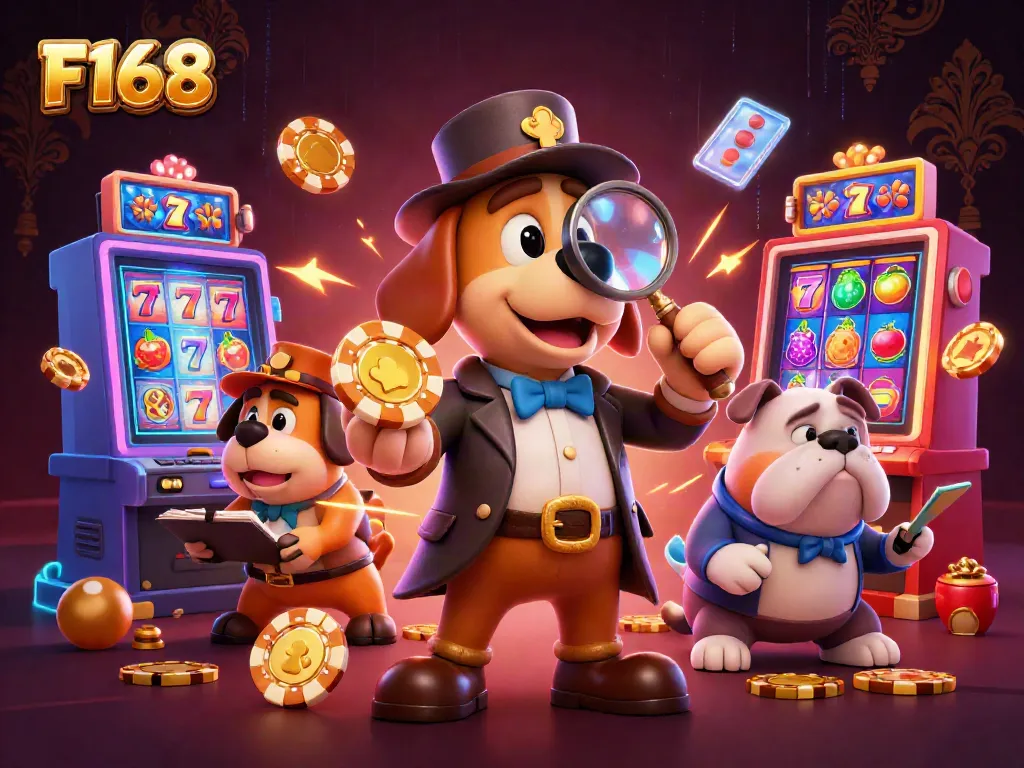 Engage with F168 casino gaming by uncovering clues with a playful detective in this vibrant 3D scene.