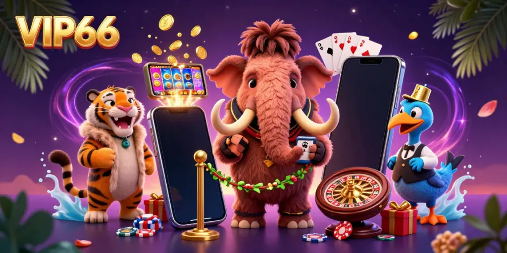 Experience energizing action in VIP66 casino with vibrant characters, golden coins, and dynamic gaming.