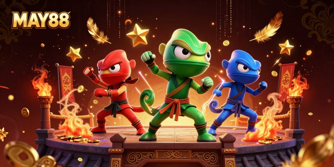 MAY88 ninja chameleon team showcasing martial arts in a vibrant casino-themed illustration.