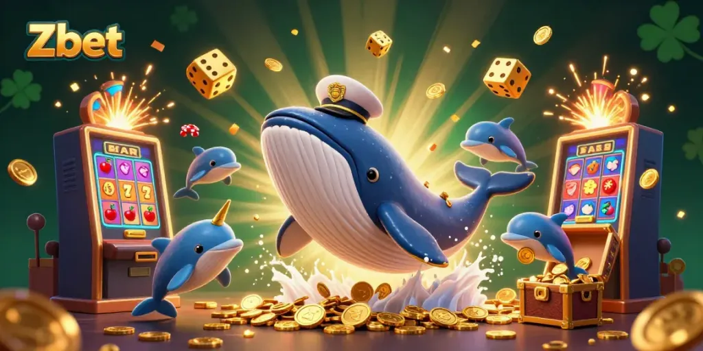 Experience the thrill of Zbet with a vibrant casino scene featuring a whale, dolphins, and a jackpot explosion.