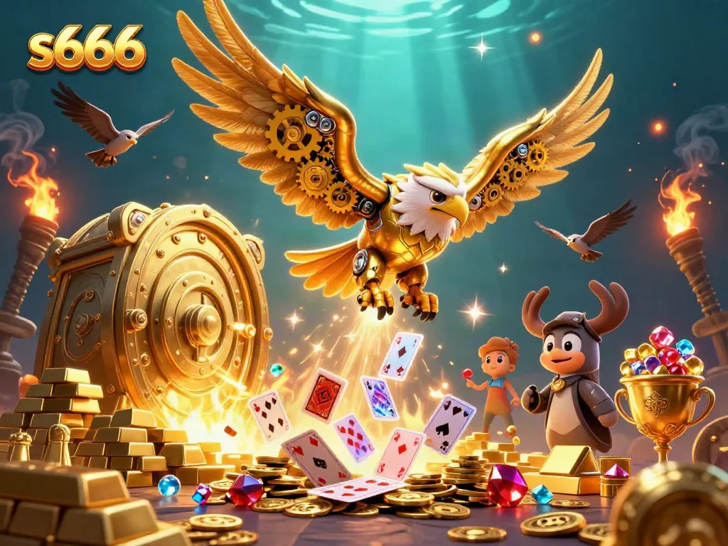 Experience thrilling gameplay at s666 with a golden eagle diving through holographic cards in a casino setting.