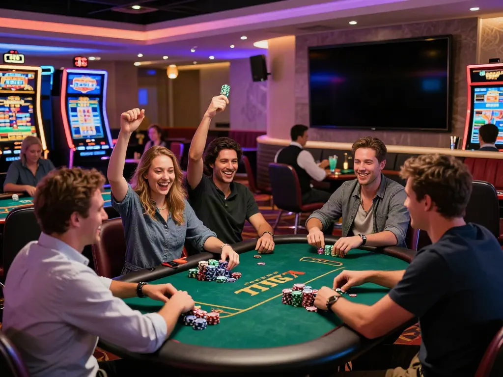Exciting scene at best non gamstop casinos uk with diverse players enjoying gaming tables and vibrant lights