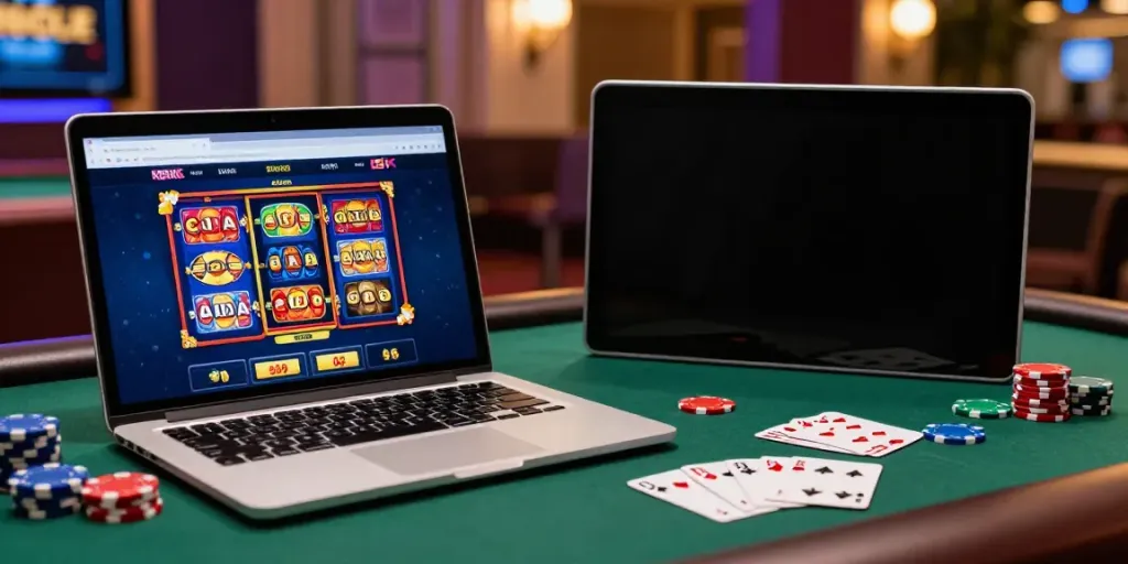 Explore the vibrant atmosphere of the best non gamstop casinos UK with a gaming setup featuring engaging slot games and promotional bonuses.