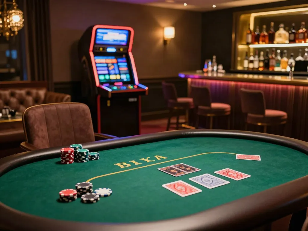 Elegant gaming room showcasing the best non gamstop casinos UK atmosphere with poker table and premium decor.