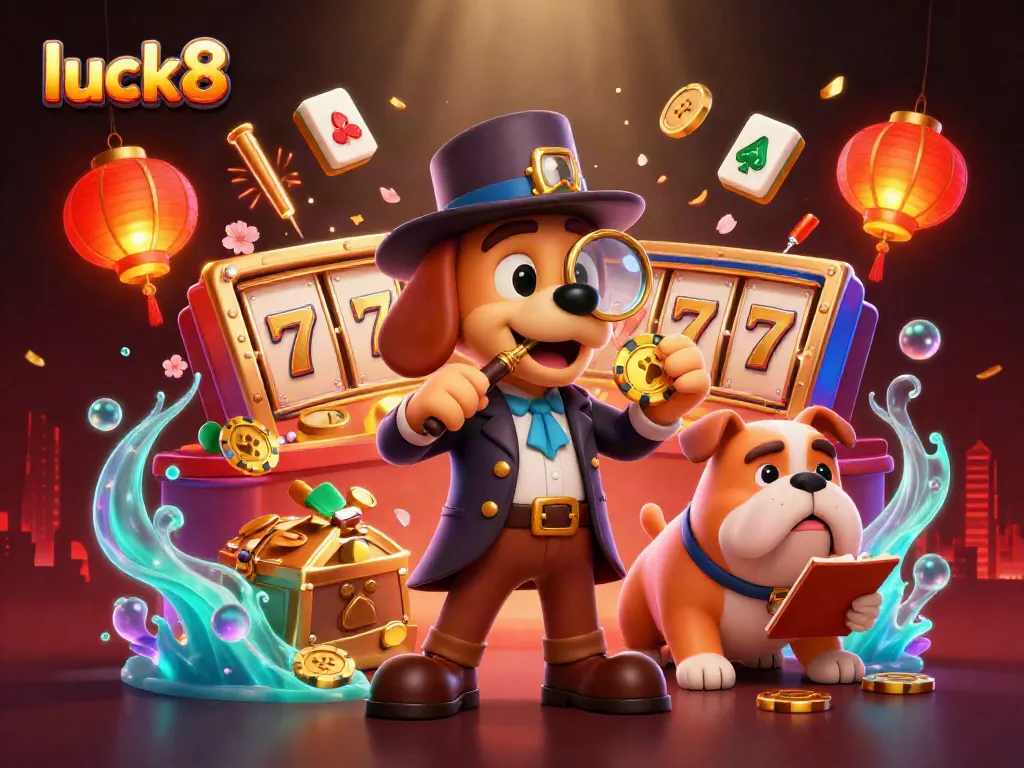 Experience the thrill of luck8 with the detective and his bulldog uncovering treasures amid vibrant casino elements.