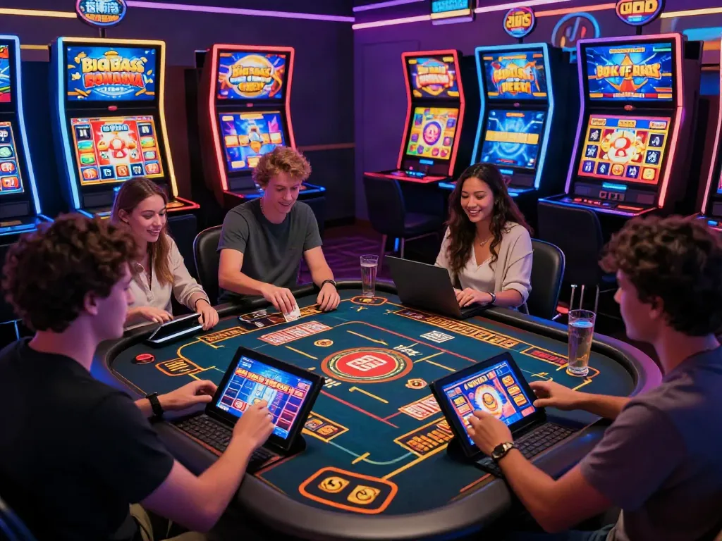 Friends enjoying the best non GamStop casinos UK experience with vibrant gaming atmosphere.