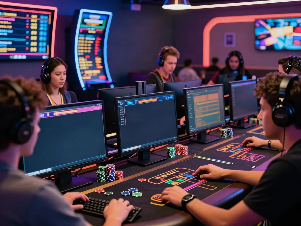 Engaging scene of players at best non gamstop casinos uk with vibrant gaming atmosphere.