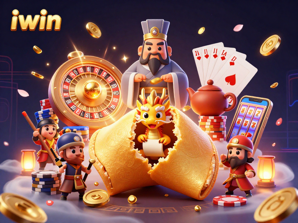 Experience exciting casino adventures with iwin, featuring golden fortune cookies and dazzling game elements.