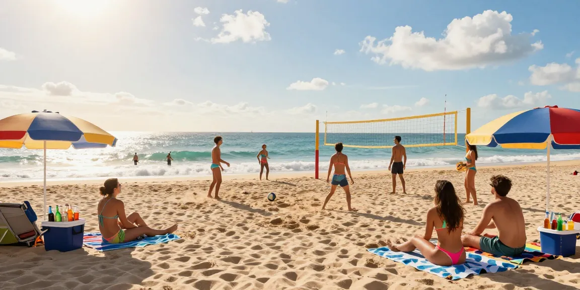 Friends enjoying summer beach vibes with BIKINISLOT swimsuits, volleyball, and ocean views.