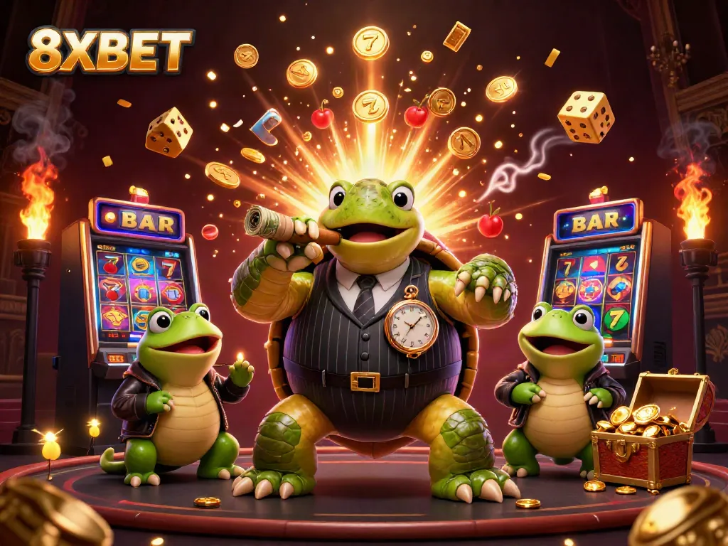 Experience the excitement of 8XBET with colorful slot machines, vibrant casino atmosphere, and dynamic characters.