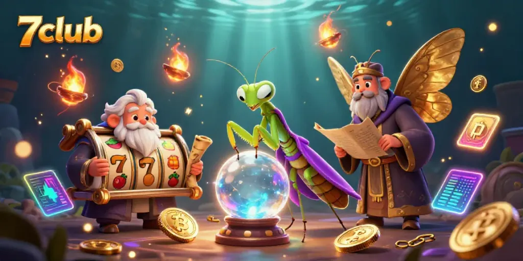Spin to win at 7club with vibrant casino symbols in a mystical scene.