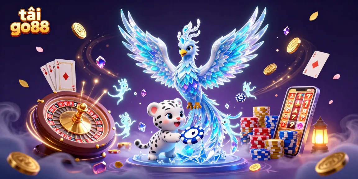 Experience excitement and thrill at tải go88 with our vibrant 3D casino scene featuring a magic phoenix and cute snow leopard!
