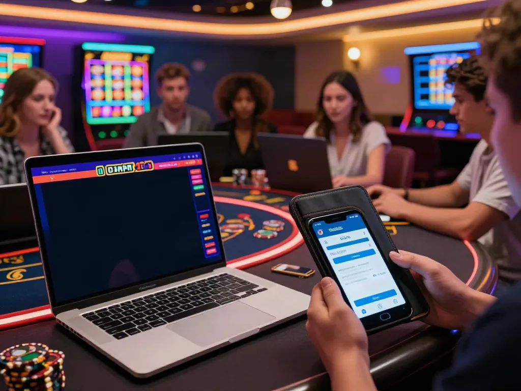 Enjoying the best non gamstop casinos UK at a vibrant online gaming setup with a laptop and smartphone.