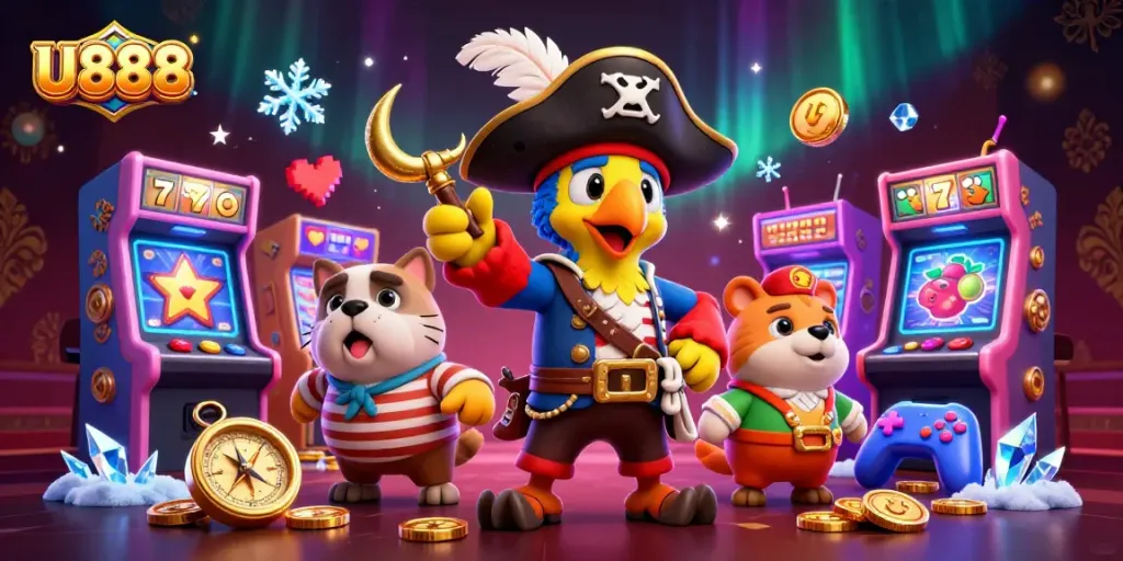 Join U888's vibrant casino adventure with a pirate captain and charming companions surrounded by colorful slot machines.