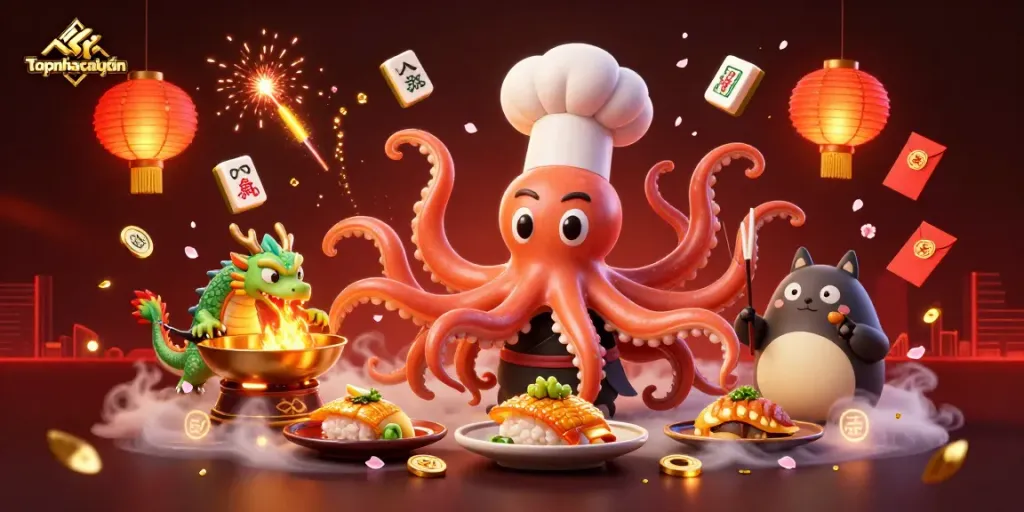 Engaging scene of topnhacaiuytin featuring a sushi chef octopus and dragon in a vibrant casino setting.