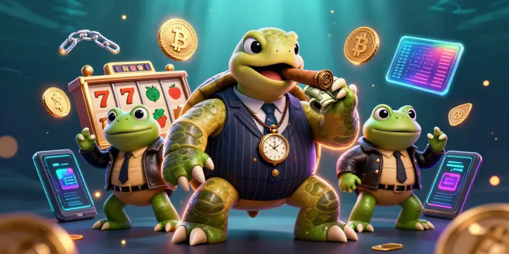 Experience immersive 7M gameplay with vibrant slot reels and dynamic turtle characters.