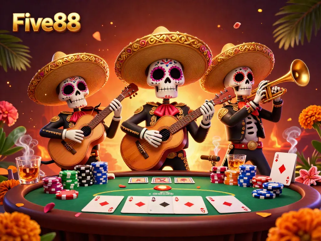 Experience the vibrant energy of Five88 with a mariachi band at a lively poker table, surrounded by festive elements.