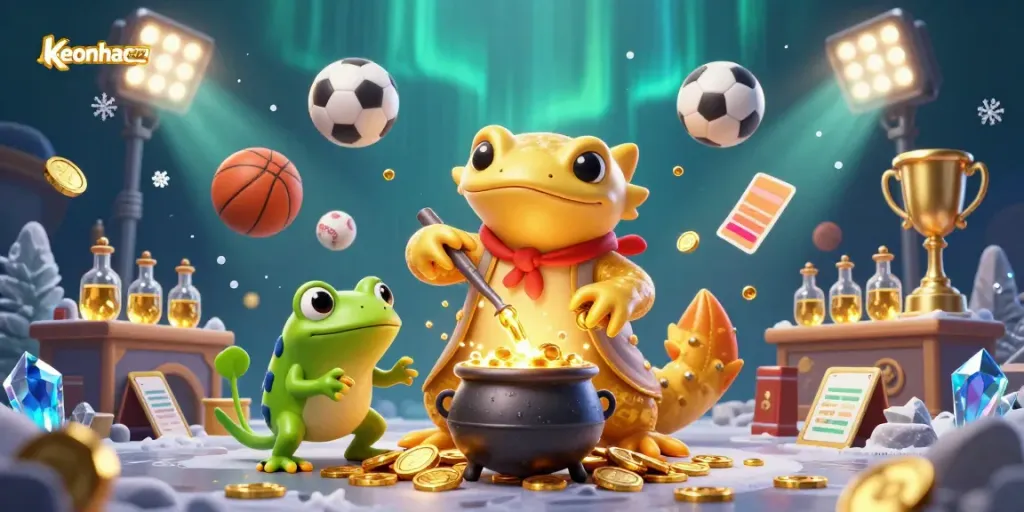 Experience the excitement of keonhacaiuytinn with an alchemist turning metals into gold while surrounded by thrilling sports elements.