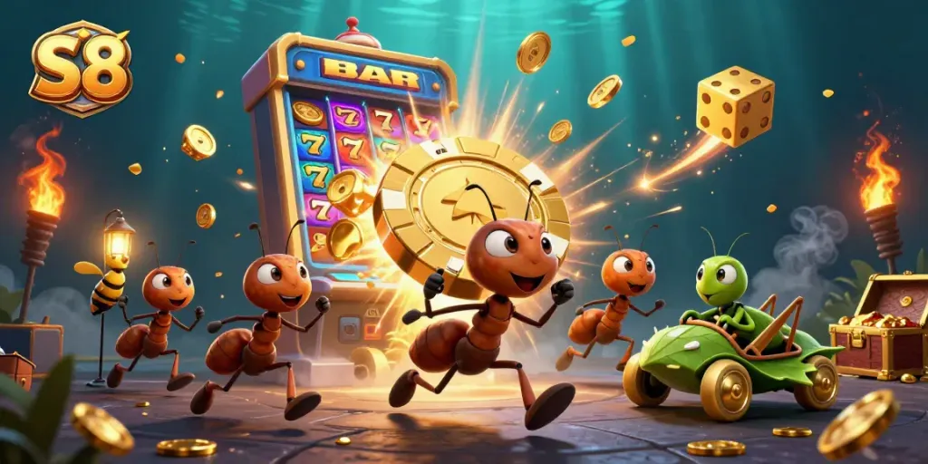 Engage with S8: Ants heist with a giant poker chip amidst vibrant casino chaos