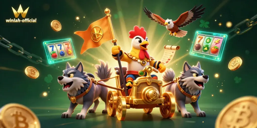 Join the adventure with winlah-official in a vibrant casino scene filled with slot games and crypto elements.
