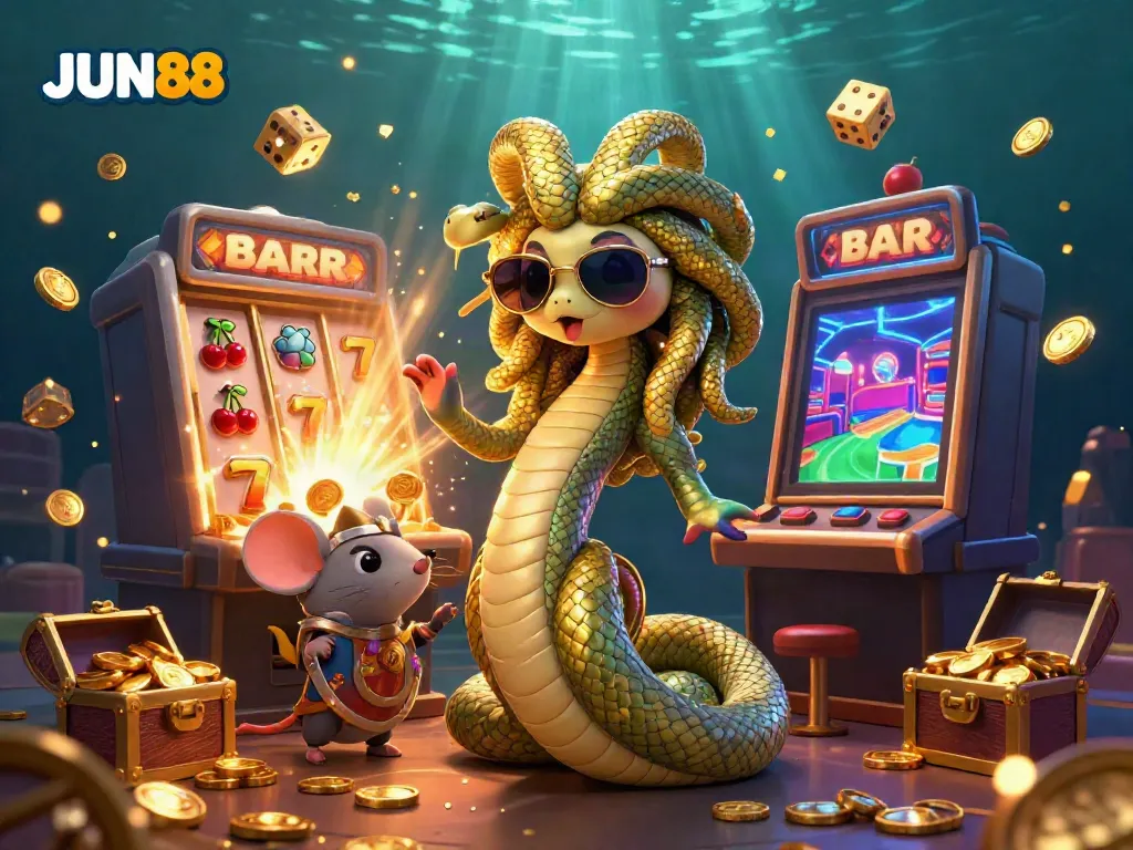 Experience JUN88's vibrant gaming action with Medusa and golden coins in a lively casino.
